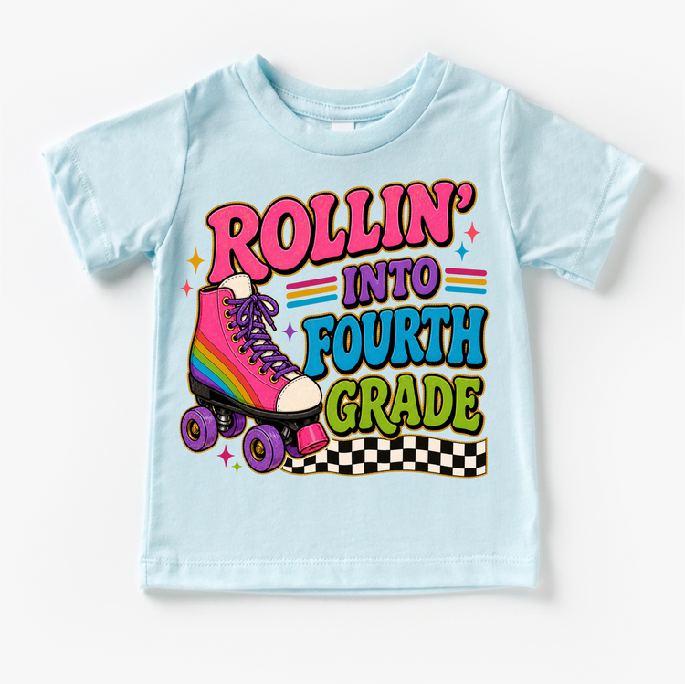 Rollin’ Into Fourth Grade Roller Skate Shirt, Girls Back To School Tee, 4th Grade First Day Of School Shirt, Retro Rainbow Skate Graphic Tee