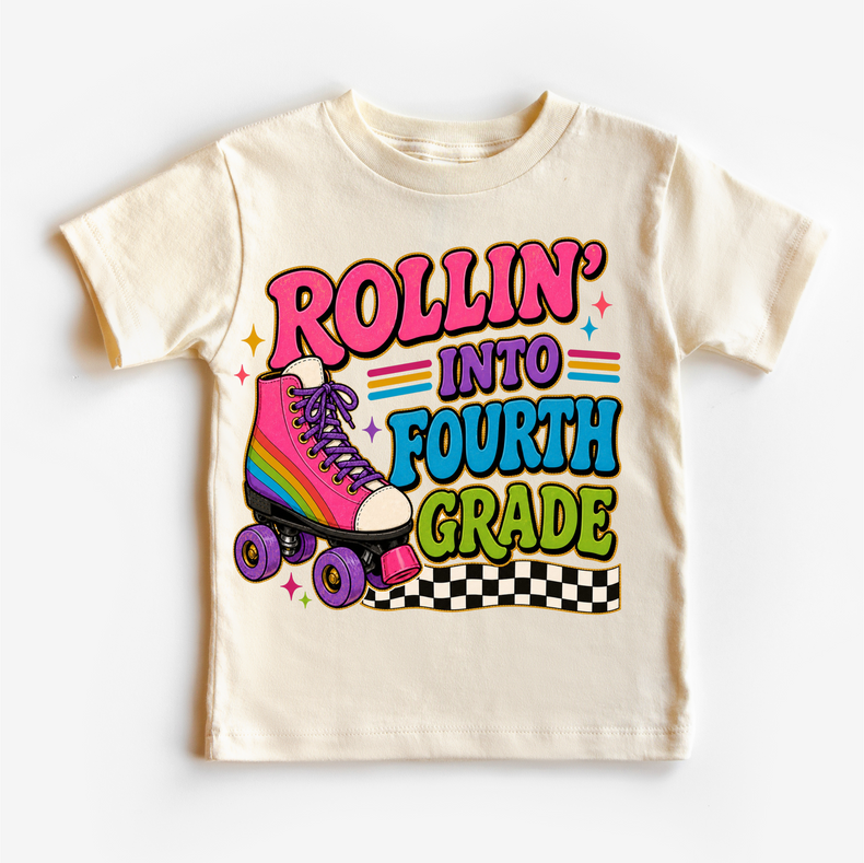 Rollin’ Into Fourth Grade Roller Skate Shirt, Girls Back To School Tee, 4th Grade First Day Of School Shirt, Retro Rainbow Skate Graphic Tee