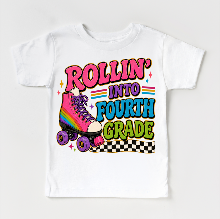 Rollin’ Into Fourth Grade Roller Skate Shirt, Girls Back To School Tee, 4th Grade First Day Of School Shirt, Retro Rainbow Skate Graphic Tee
