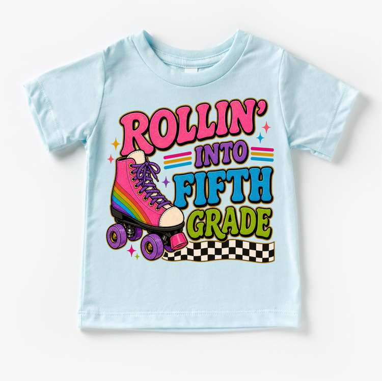 Rollin’ Into Fifth Grade Roller Skate Shirt, Girls Back To School Tee, 5th Grade First Day Of School Shirt, Retro Rainbow Skate Graphic Tee