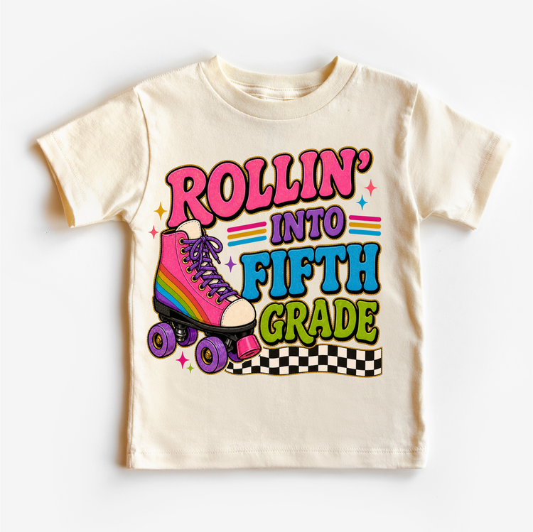 Rollin’ Into Fifth Grade Roller Skate Shirt, Girls Back To School Tee, 5th Grade First Day Of School Shirt, Retro Rainbow Skate Graphic Tee