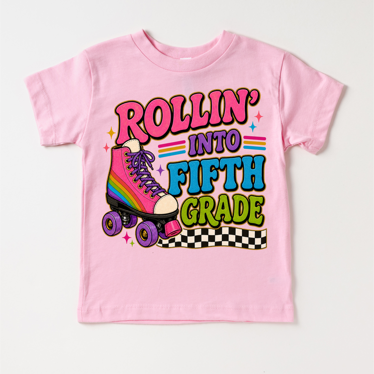 Rollin’ Into Fifth Grade Roller Skate Shirt, Girls Back To School Tee, 5th Grade First Day Of School Shirt, Retro Rainbow Skate Graphic Tee