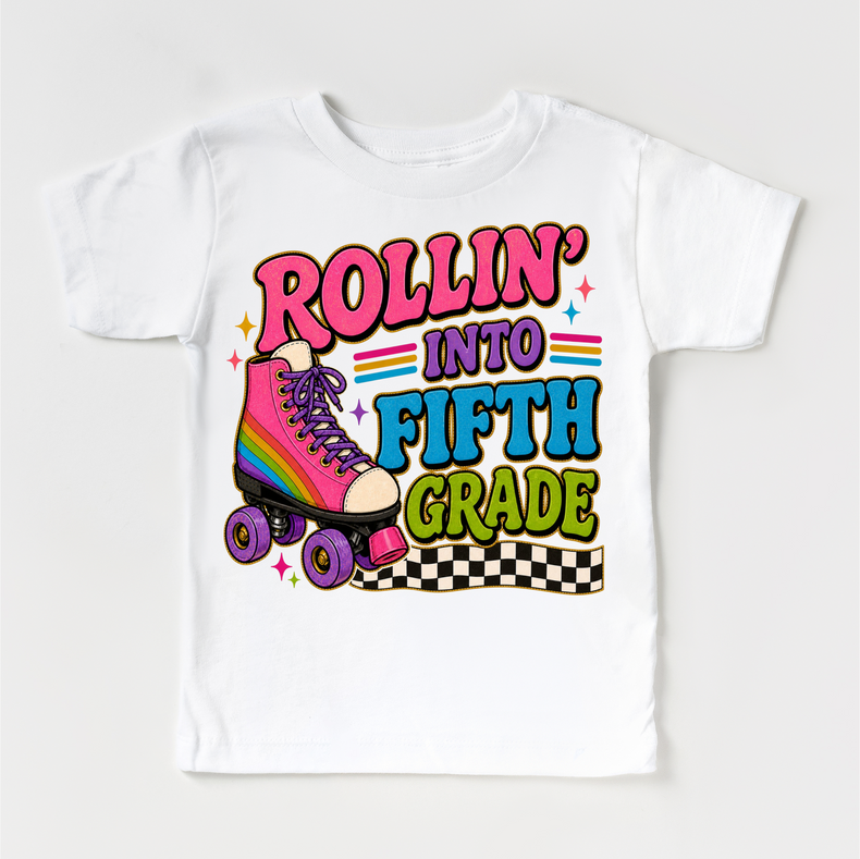 Rollin’ Into Fifth Grade Roller Skate Shirt, Girls Back To School Tee, 5th Grade First Day Of School Shirt, Retro Rainbow Skate Graphic Tee
