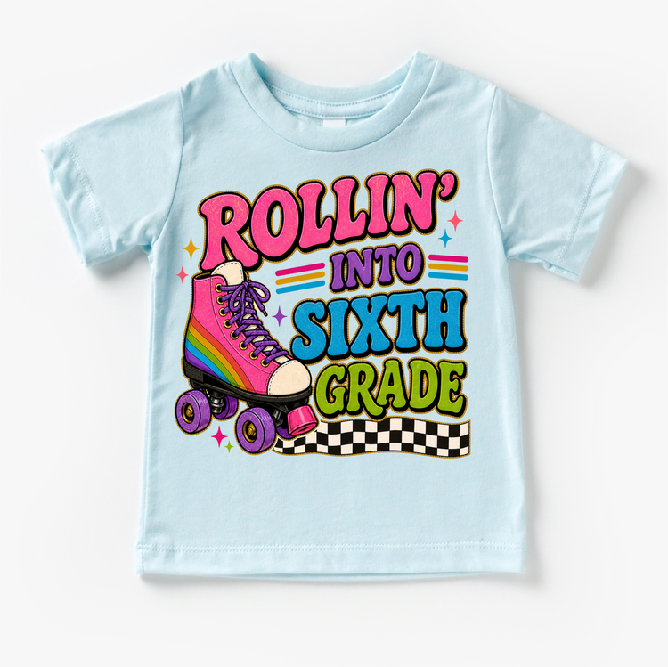 Rollin’ Into Sixth Grade Roller Skate Shirt, Girls Back To School Tee, 6th Grade First Day Of School Shirt, Retro Rainbow Skate Graphic Tee