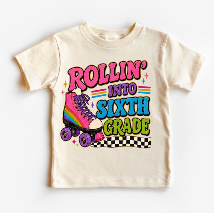 Rollin’ Into Sixth Grade Roller Skate Shirt, Girls Back To School Tee, 6th Grade First Day Of School Shirt, Retro Rainbow Skate Graphic Tee