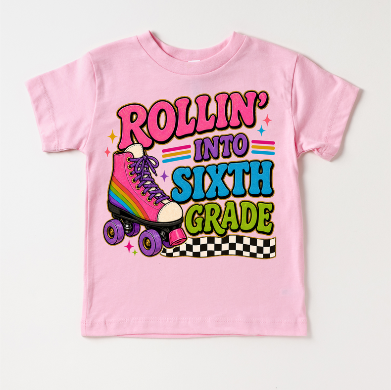 Rollin’ Into Sixth Grade Roller Skate Shirt, Girls Back To School Tee, 6th Grade First Day Of School Shirt, Retro Rainbow Skate Graphic Tee