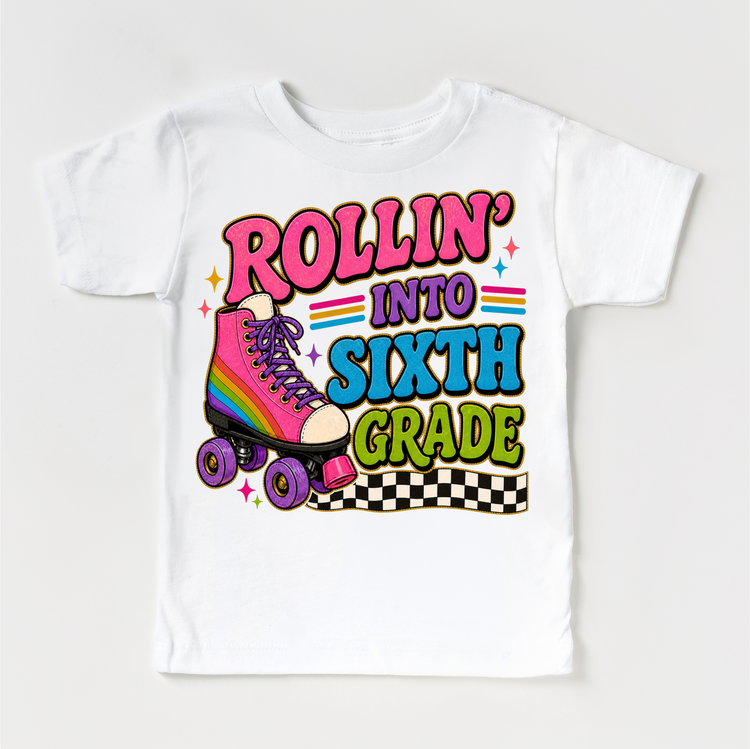 Rollin’ Into Sixth Grade Roller Skate Shirt, Girls Back To School Tee, 6th Grade First Day Of School Shirt, Retro Rainbow Skate Graphic Tee