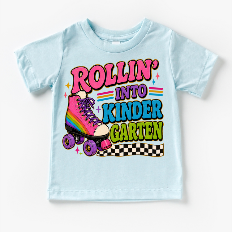 Rollin’ Into Kindergarten Roller Skate Shirt, Girls Back To School Tee, Kindergarten First Day Of School Shirt, Retro Rainbow Skate Graphic Tee