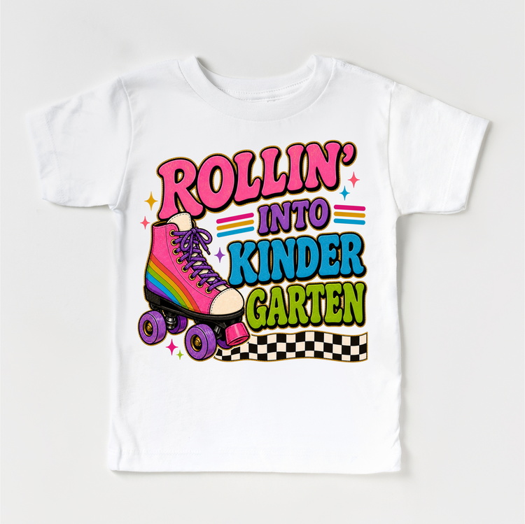 Rollin’ Into Kindergarten Roller Skate Shirt, Girls Back To School Tee, Kindergarten First Day Of School Shirt, Retro Rainbow Skate Graphic Tee