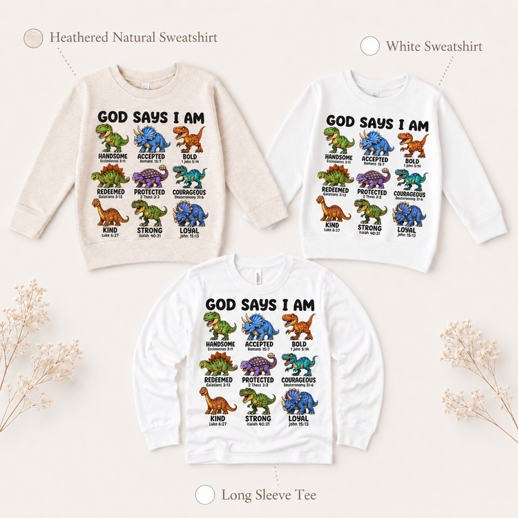 God Says I Am Dinosaur Bible Verse Kids Shirt | Christian Dinosaur Graphic Tee | Faith-Based Toddler & Youth T-Shirt