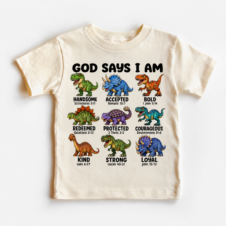 God Says I Am Dinosaur Bible Verse Kids Shirt | Christian Dinosaur Graphic Tee | Faith-Based Toddler & Youth T-Shirt