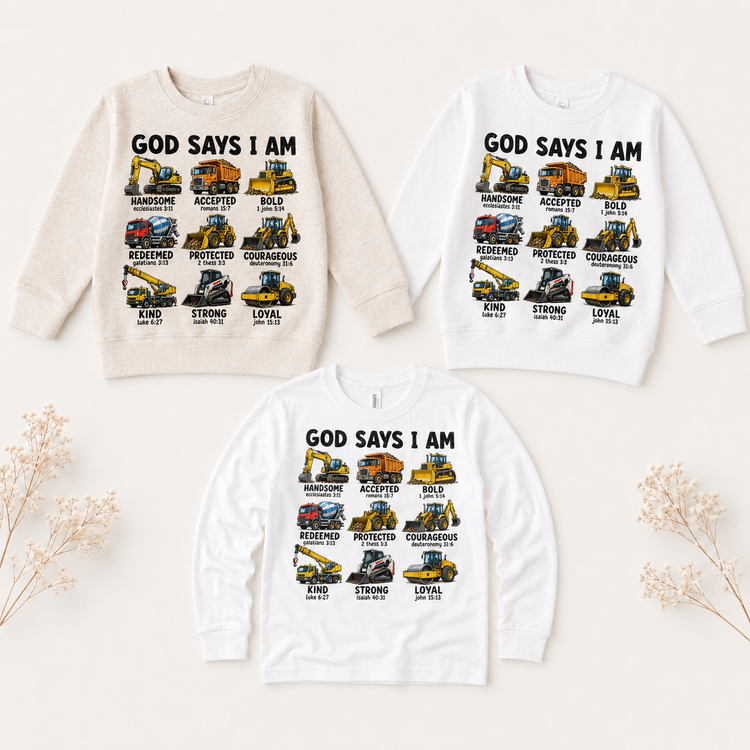 God Says I Am Construction Trucks Kids Shirt | Christian Toddler Tee | Faith-Based Boys Graphic Tee | Bible Verse Construction Shirt