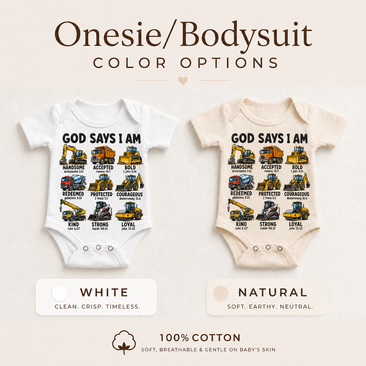 God Says I Am Construction Trucks Kids Shirt | Christian Toddler Tee | Faith-Based Boys Graphic Tee | Bible Verse Construction Shirt