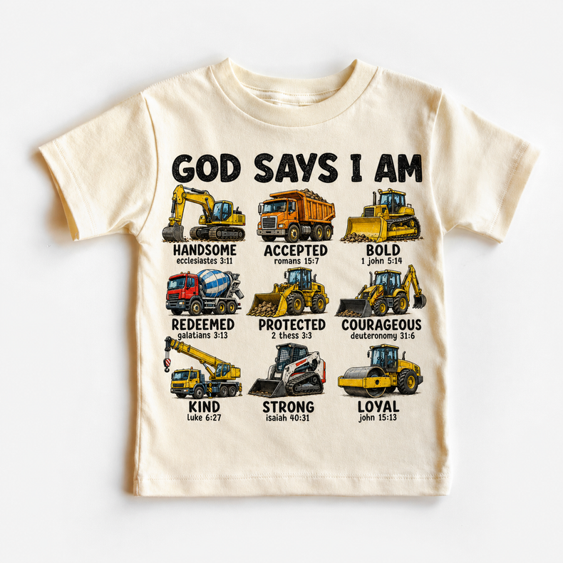 God Says I Am Construction Trucks Kids Shirt | Christian Toddler Tee | Faith-Based Boys Graphic Tee | Bible Verse Construction Shirt