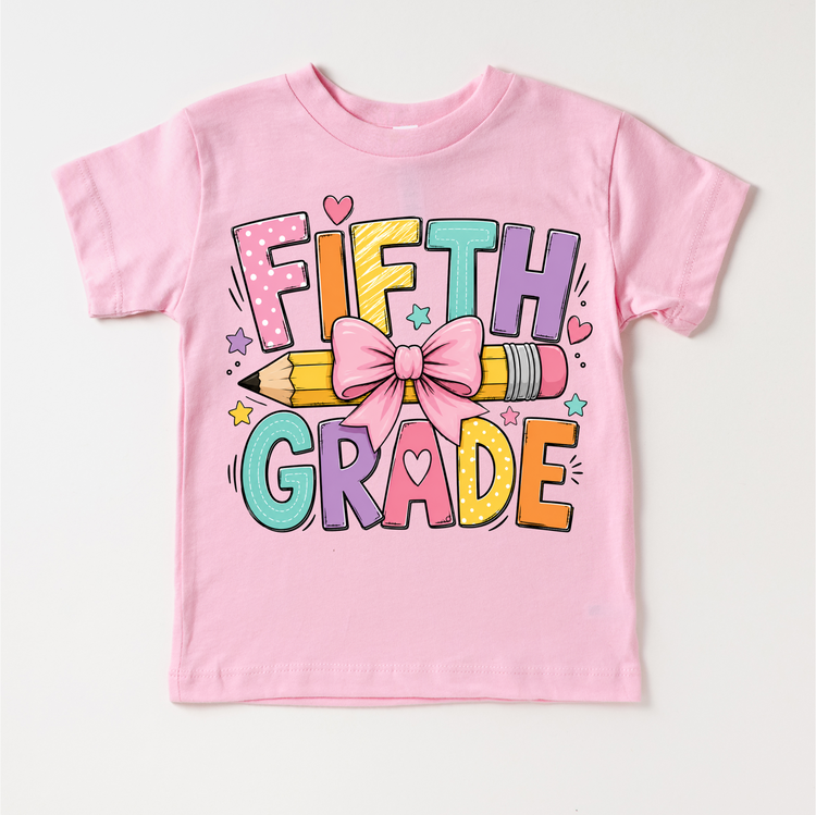 Fifth Grade Pencil Bow Shirt, Girls Back To School Tee, Cute 5th Grade Teacher Student Shirt, First Day Of School Graphic Tee