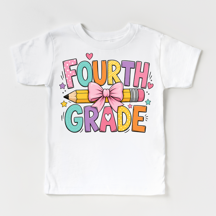 Fouth Grade Pencil Bow Shirt, Girls Back To School Tee, Cute 4th Grade Teacher Student Shirt, First Day Of School Graphic Tee