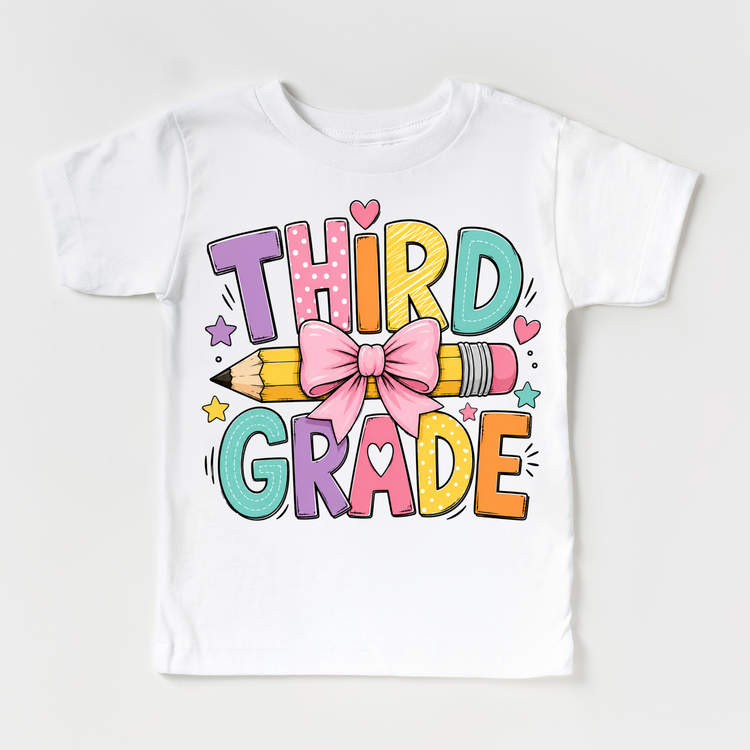 Third Grade Pencil Bow Shirt, Girls Back To School Tee, Cute 3rd Grade Teacher Student Shirt, First Day Of School Graphic Tee