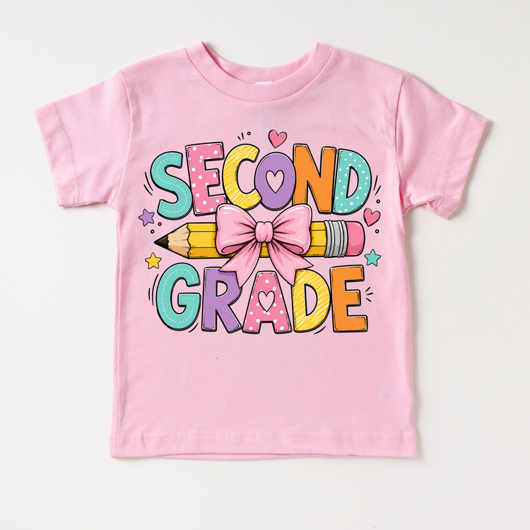 Second Grade Pencil Bow Shirt, Girls Back To School Tee, Cute 2nd Grade Teacher Student Shirt, First Day Of School Graphic Tee