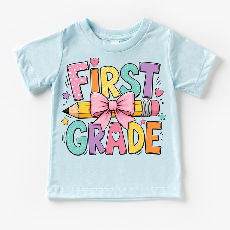 First Grade Pencil Bow Shirt, Girls Back To School Tee, Cute 1st Grade Teacher Student Shirt, First Day Of School Graphic Tee