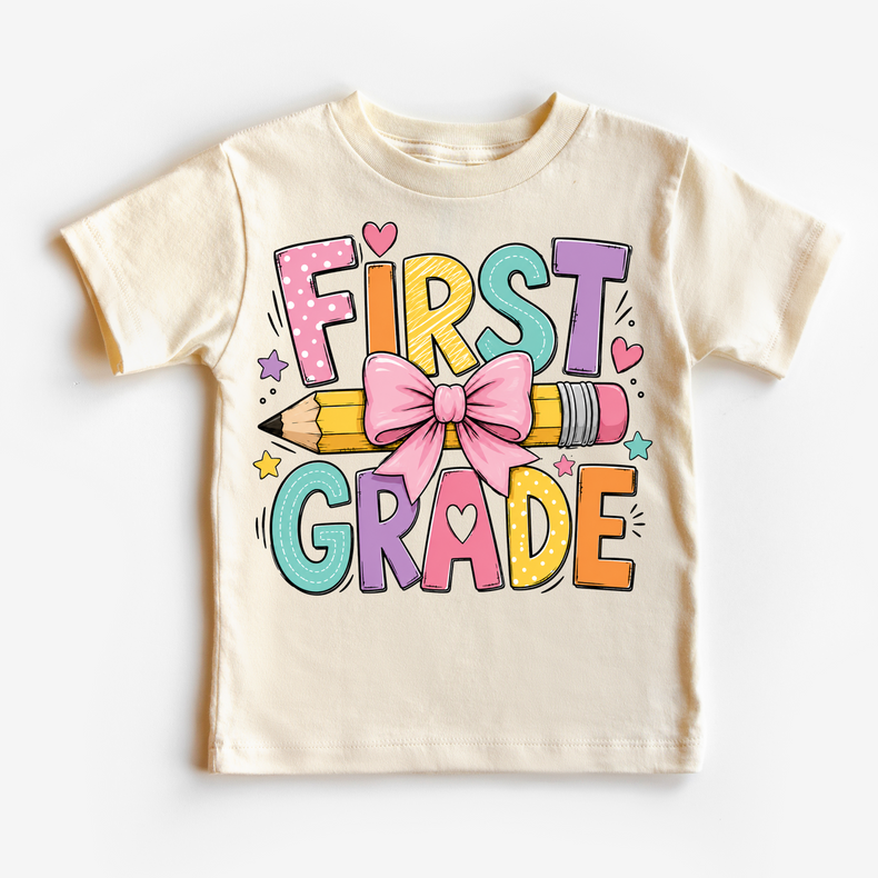 First Grade Pencil Bow Shirt, Girls Back To School Tee, Cute 1st Grade Teacher Student Shirt, First Day Of School Graphic Tee