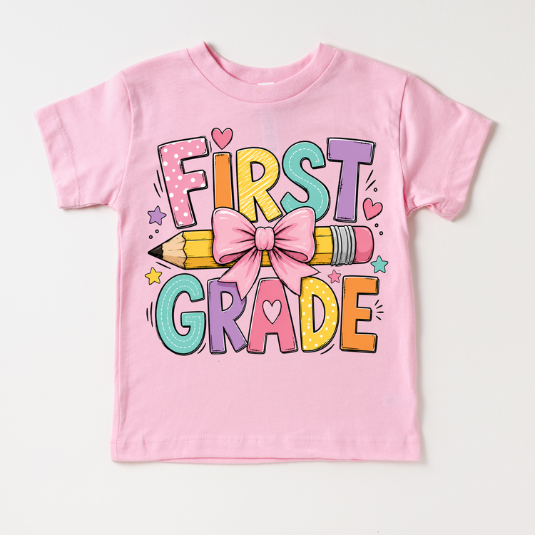 First Grade Pencil Bow Shirt, Girls Back To School Tee, Cute 1st Grade Teacher Student Shirt, First Day Of School Graphic Tee