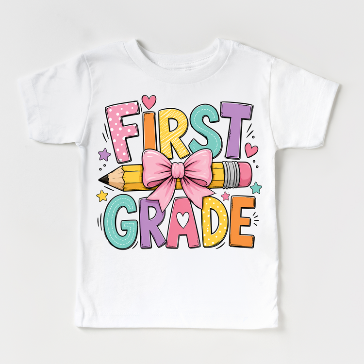 First Grade Pencil Bow Shirt, Girls Back To School Tee, Cute 1st Grade Teacher Student Shirt, First Day Of School Graphic Tee