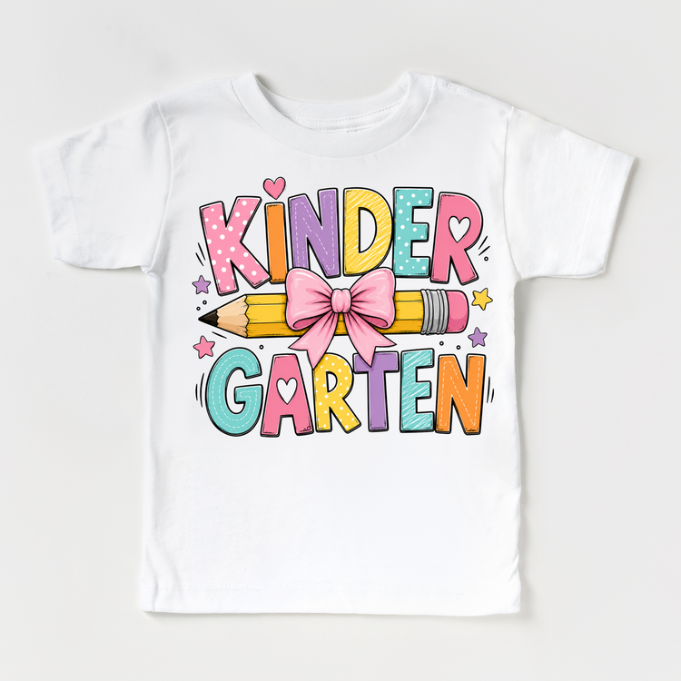 Kindergarten Pencil Bow Shirt, Girls Back To School Tee, Cute Kindergarten Teacher Student Shirt, First Day Of School Graphic Tee