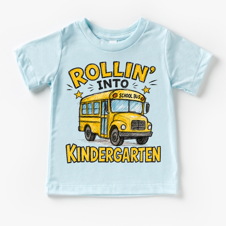 Rollin’ Into Kindergarten School Bus Kids Graphic Tee, Back To School Shirt for Boys and Girls