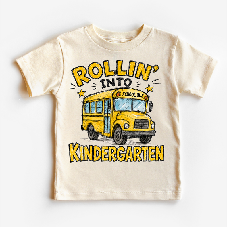 Rollin’ Into Kindergarten School Bus Kids Graphic Tee, Back To School Shirt for Boys and Girls