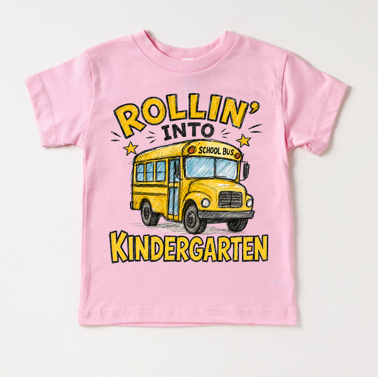 Rollin’ Into Kindergarten School Bus Kids Graphic Tee, Back To School Shirt for Boys and Girls