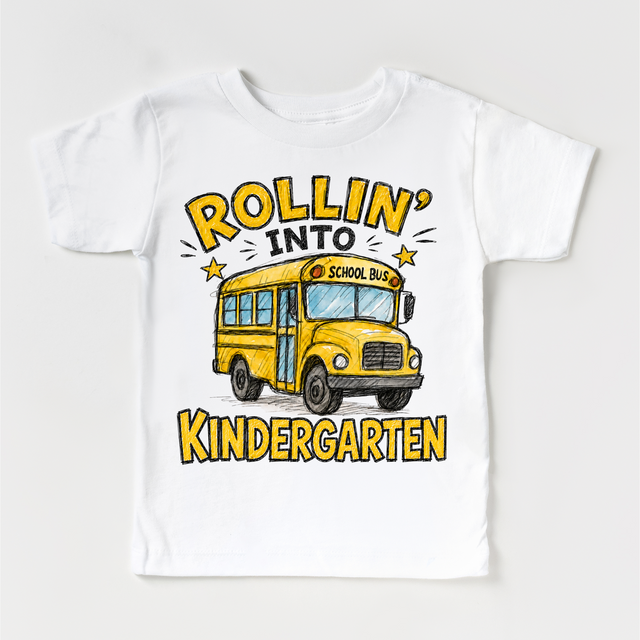 Rollin’ Into Kindergarten School Bus Kids Graphic Tee, Back To School Shirt for Boys and Girls