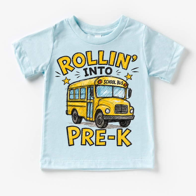 Rollin’ Into Pre-K School Bus Kids Graphic Tee, Back To School Shirt for Boys and Girls