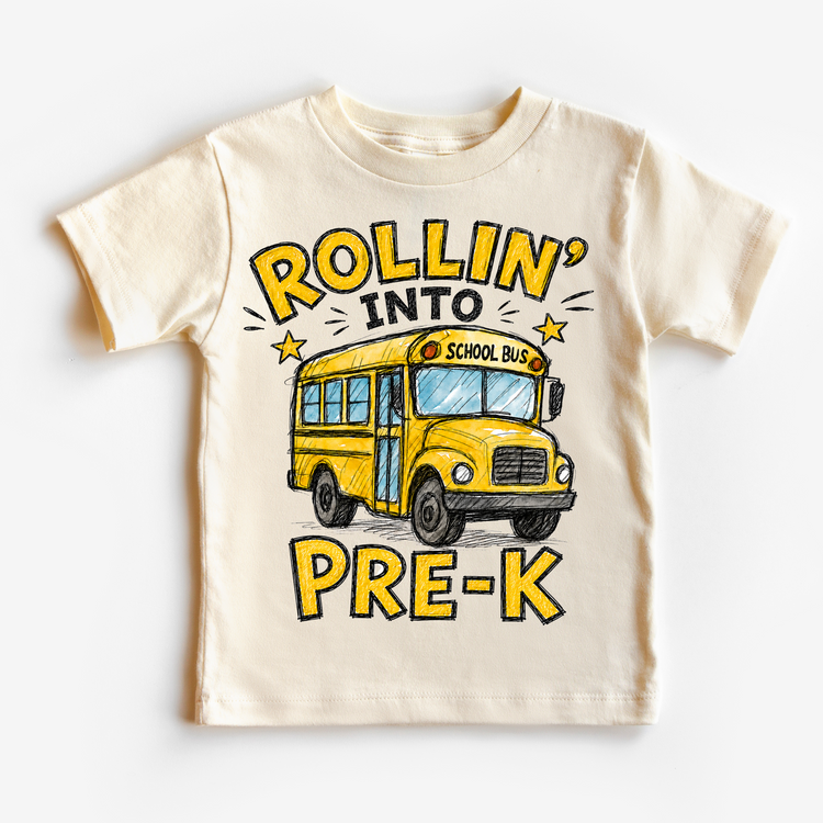Rollin’ Into Pre-K School Bus Kids Graphic Tee, Back To School Shirt for Boys and Girls