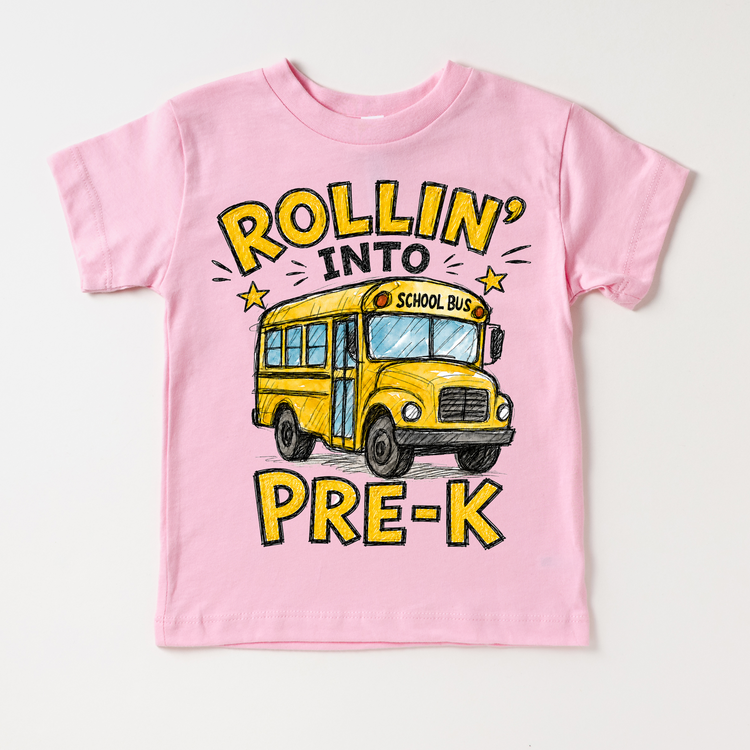 Rollin’ Into Pre-K School Bus Kids Graphic Tee, Back To School Shirt for Boys and Girls