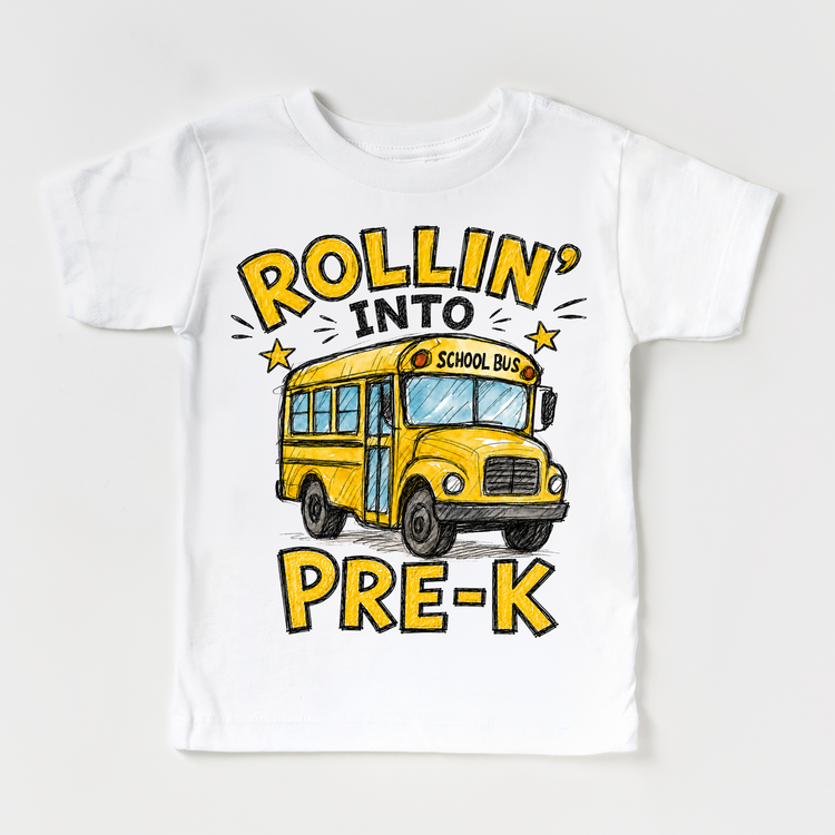 Rollin’ Into Pre-K School Bus Kids Graphic Tee, Back To School Shirt for Boys and Girls
