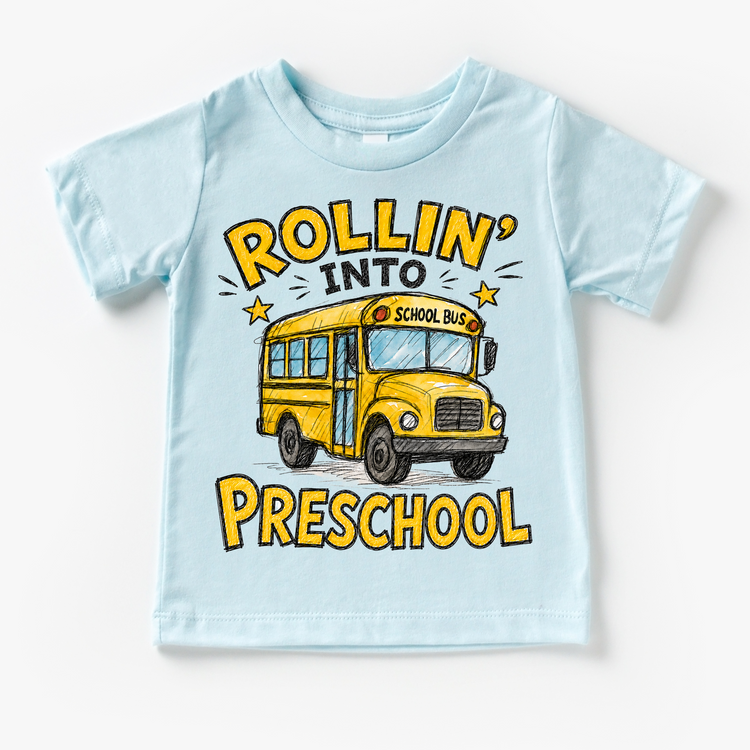 Rollin’ Into Preschool School Bus Kids Graphic Tee, Back To School Shirt for Boys and Girls