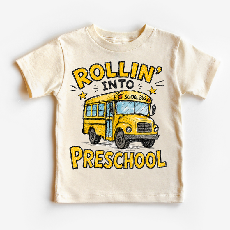 Rollin’ Into Preschool School Bus Kids Graphic Tee, Back To School Shirt for Boys and Girls