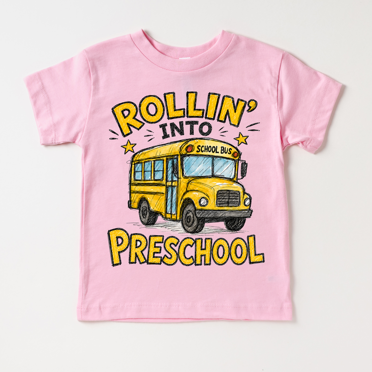 Rollin’ Into Preschool School Bus Kids Graphic Tee, Back To School Shirt for Boys and Girls