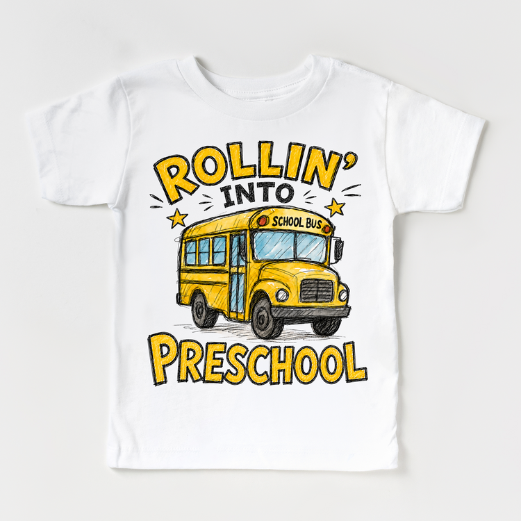 Rollin’ Into Preschool School Bus Kids Graphic Tee, Back To School Shirt for Boys and Girls