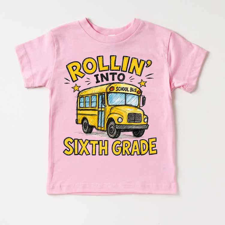 Rollin’ Into Sixth Grade School Bus Kids Graphic Tee, Back To School Shirt for Boys and Girls