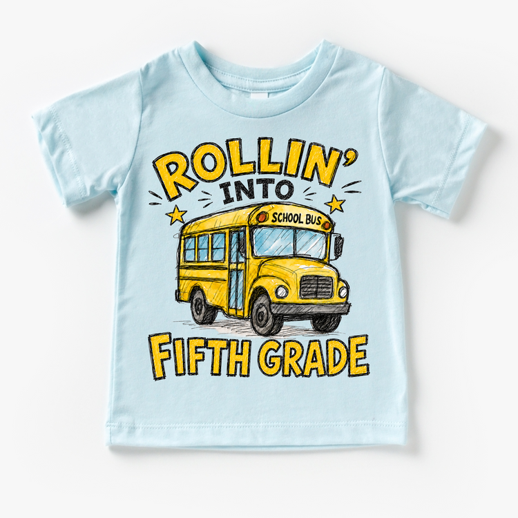 Rollin’ Into Fifth Grade School Bus Kids Graphic Tee, Back To School Shirt for Boys and Girls