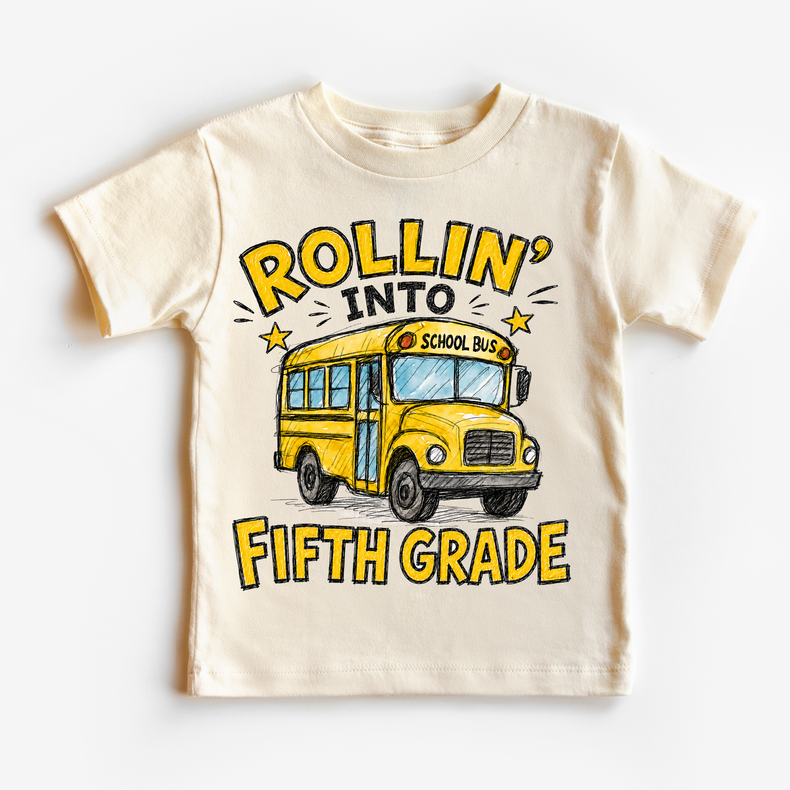Rollin’ Into Fifth Grade School Bus Kids Graphic Tee, Back To School Shirt for Boys and Girls