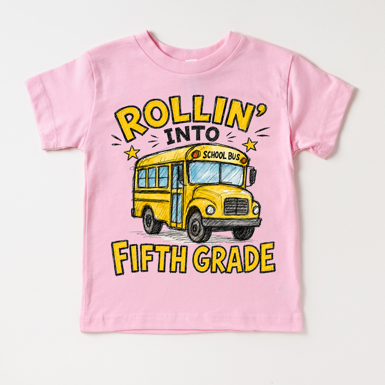 Rollin’ Into Fifth Grade School Bus Kids Graphic Tee, Back To School Shirt for Boys and Girls