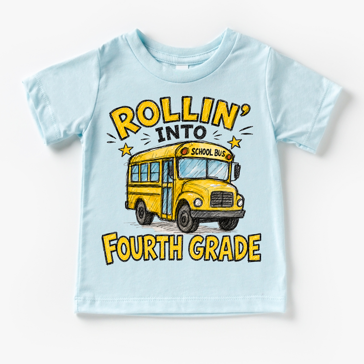 Rollin’ Into Fourth Grade School Bus Kids Graphic Tee, Back To School Shirt for Boys and Girls