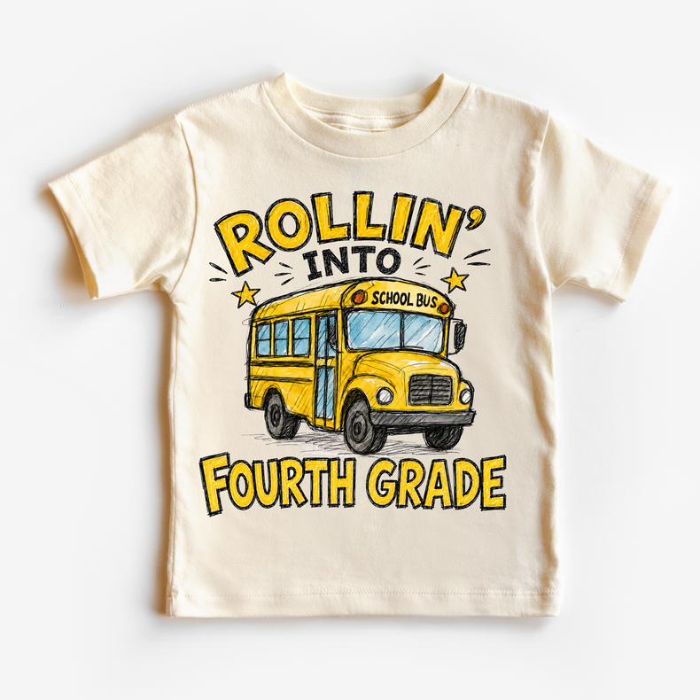 Rollin’ Into Fourth Grade School Bus Kids Graphic Tee, Back To School Shirt for Boys and Girls