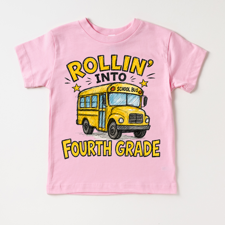 Rollin’ Into Fourth Grade School Bus Kids Graphic Tee, Back To School Shirt for Boys and Girls