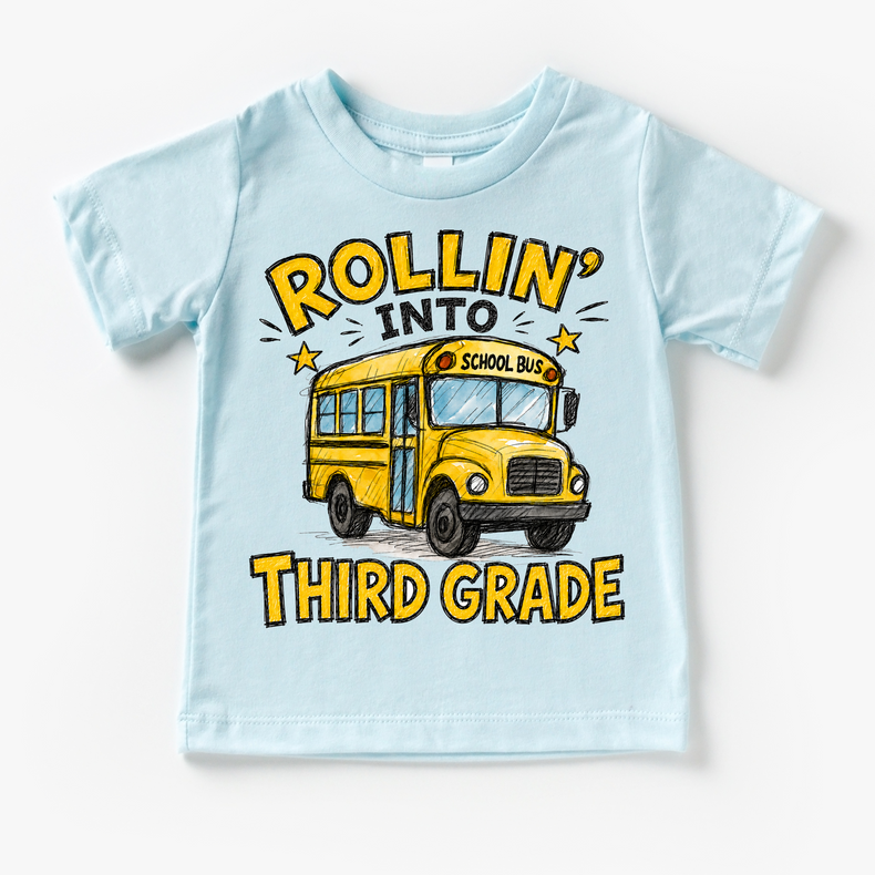 Rollin’ Into Third Grade School Bus Kids Graphic Tee, Back To School Shirt for Boys and Girls
