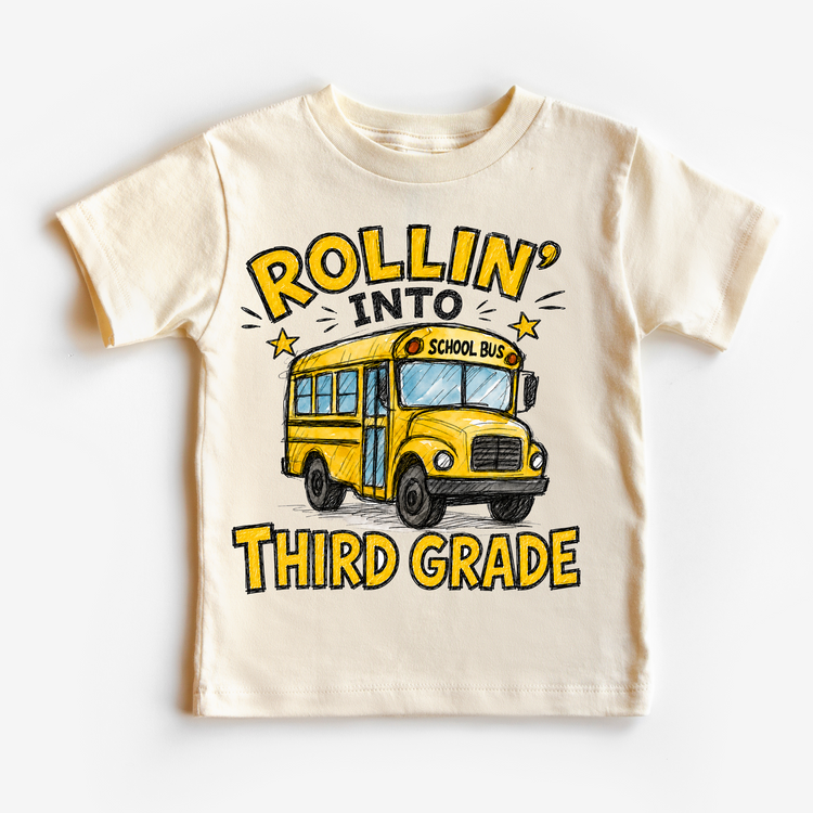 Rollin’ Into Third Grade School Bus Kids Graphic Tee, Back To School Shirt for Boys and Girls