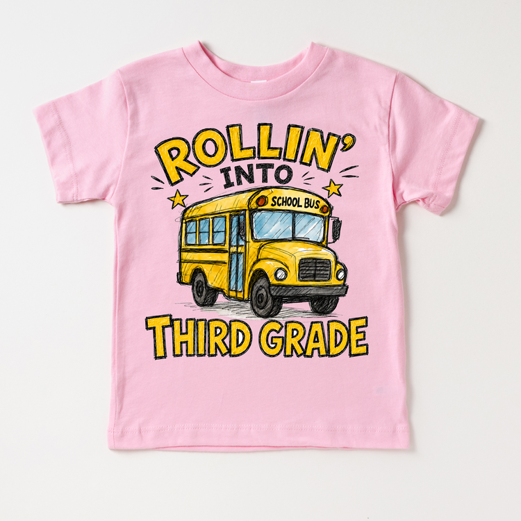 Rollin’ Into Third Grade School Bus Kids Graphic Tee, Back To School Shirt for Boys and Girls