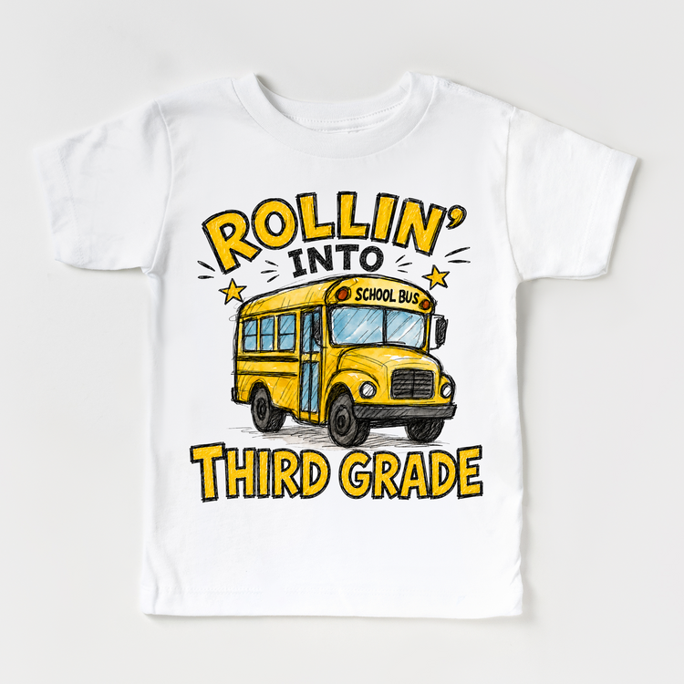 Rollin’ Into Third Grade School Bus Kids Graphic Tee, Back To School Shirt for Boys and Girls